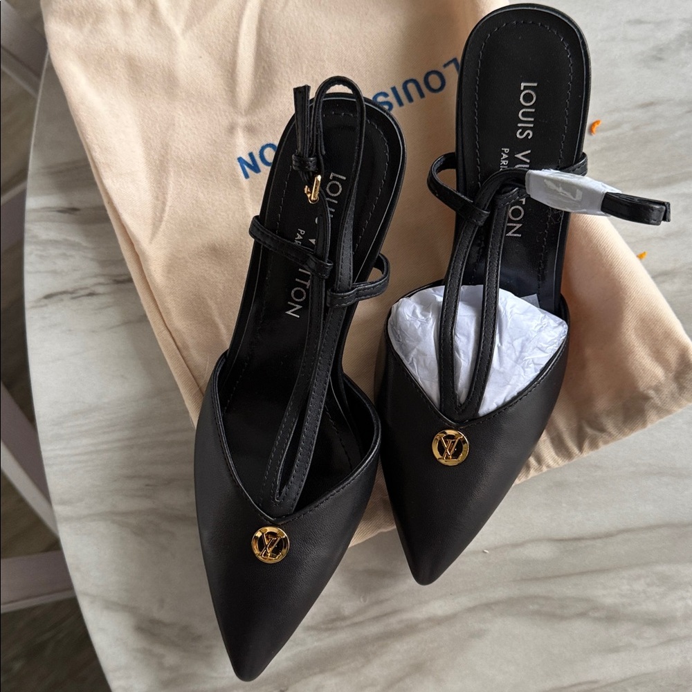 Louis Vuitton Black Slingback Shoes with Gold Accent